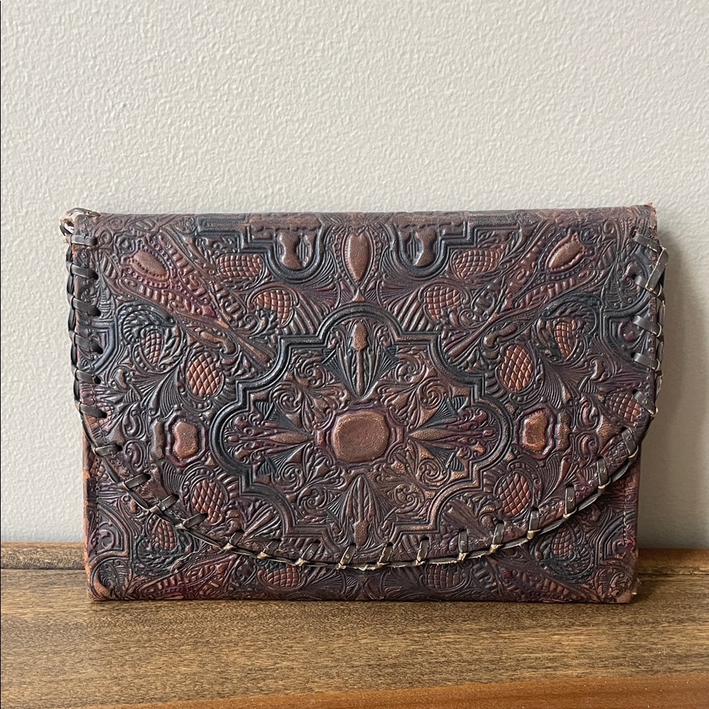 Vintage Brown Embossed Leather Clutch